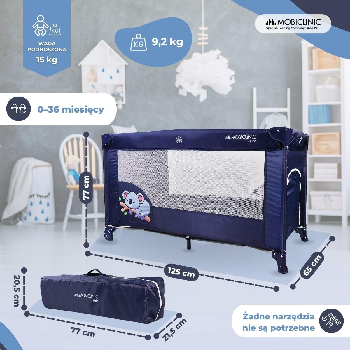 Mobiclinic®, Łóżeczko turystyczne, 2 w 1, Ultrakompaktowe składanie, Wyjmowany materac, Mofli, Do 15 kg, Oddychająca tkanina, Kojec dla dziecka, Kółka (ciemnoniebieski)
