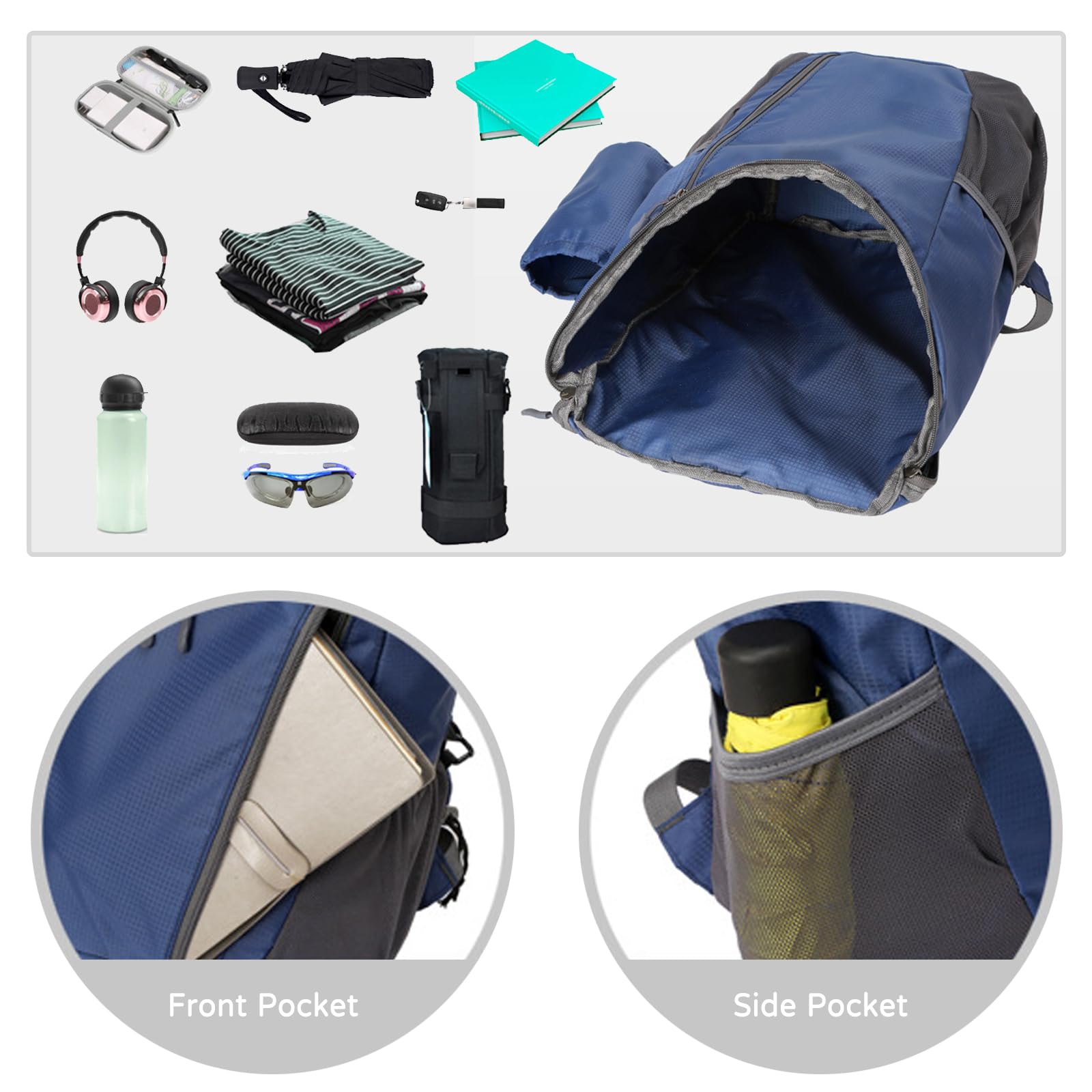 Zaino da Trekking Zaino Pieghevole Impermeabile Ultraleggero Zaino Hiking Backpack per Donna Uomo Campeggio Ciclismo Arrampicata Sport Blu Chiaro
