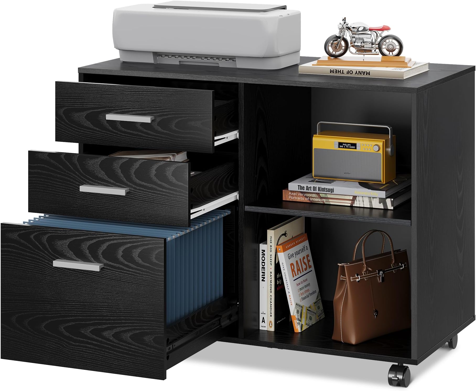 3 Drawer Mobile File Cabinet, Wood Lateral Filing Cabinet, Printer Stand with Open Shelves for Home Office, Black