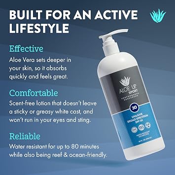 Aloe Up Sport Sunscreen Lotion SPF 30, Water Resistant, Non-greasy | Broad-spectrum SPF 30; Water resistant up to 80 min; Non-greasy, With aloe vera gel, fragrance-free