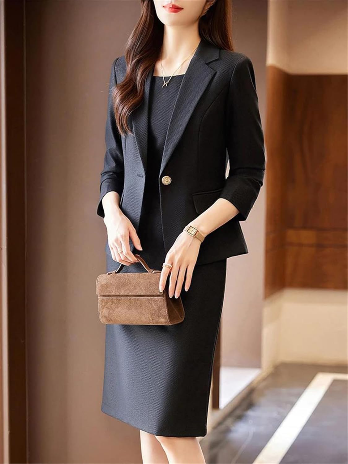 Women’S Fall Winter Office Ladies Skirt Suit Blazer Solid Business Formal Two Piece Set Office Work Professional Outfits