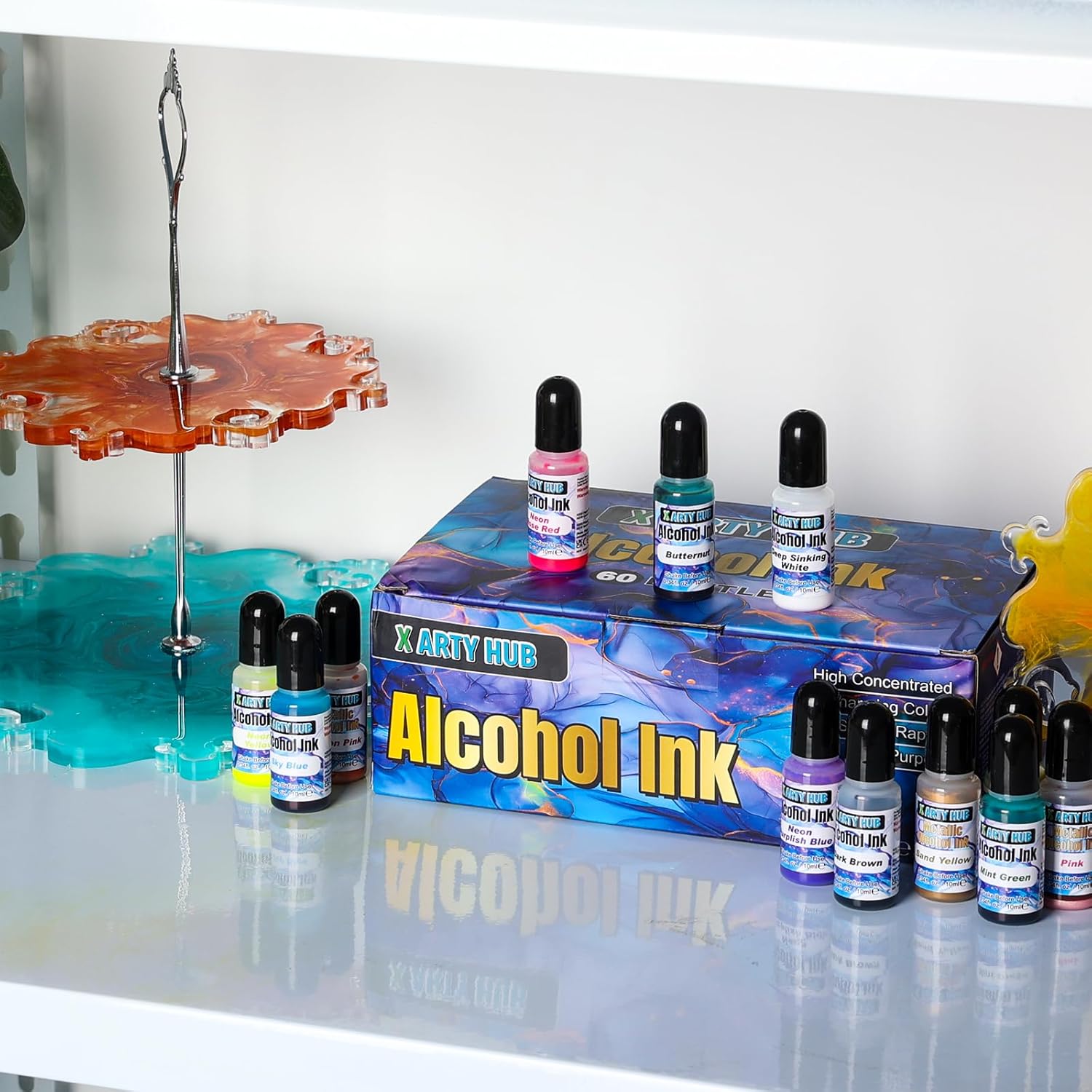 Alcohol Ink Set - 60 Bottles Concentrated Alcohol-Based Ink for Epoxy Resin Art, Tumbler Making, Fluid Painting on Glass, Ceramic & Leather, 0.34 fl oz Each