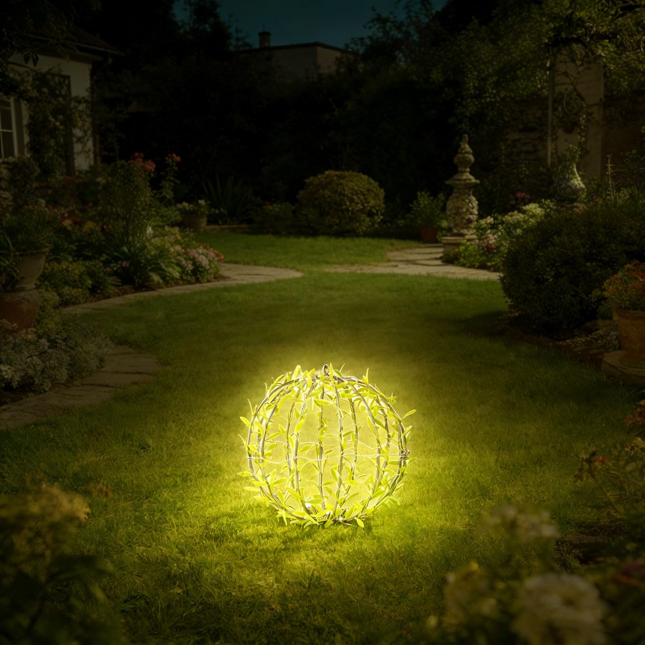 ideoon 4er-Set Solar Leuchtkugel im Blätterdesign - Ø40cm Gartenkugel mit 144 Warmweißen LEDs - IP44 Außenleuchte inkl. Erdspieß, S-Haken und Solarpanel