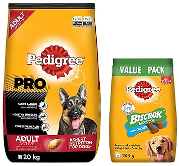 Pedigree PRO Expert Nutrition Active Adult Large Breed Dog (18 Months Onwards) 20kg Pack & All Life Stages Biscrok Dry Dog Biscuits (Above 4 Months), Chicken Flavor, 900g Pack