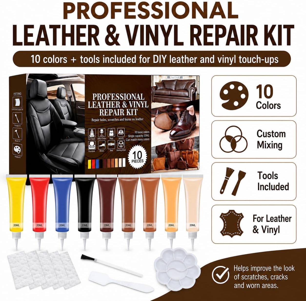 Leather & Vinyl Repair Kit, 10 Colors Leather Repair Compound, Professional Leather Repair Kit for Car Seats, Furniture, Shoes, Bags, Jackets, Couches, Scratches, Holes, Burns, Tears, with Tools