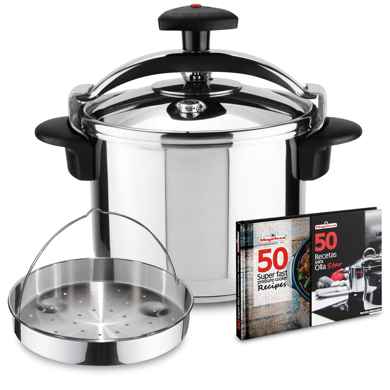 Magefesa Star Recta - Pack Exclusif Autocuiseur Traditionnel 6L + Panier + Livre de Recettes, Acier Inoxydable 18/10, Compatible avec l’Induction