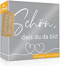 WenmthG 40 Stück Servietten mit Spruch 'Schön dass du da bist' für Geburtstag, Hochzeit, Einschulung und Party - 3-Lagige Weich Servietten 33 x 33 cm - Servietten Geburtstag Frau Mann