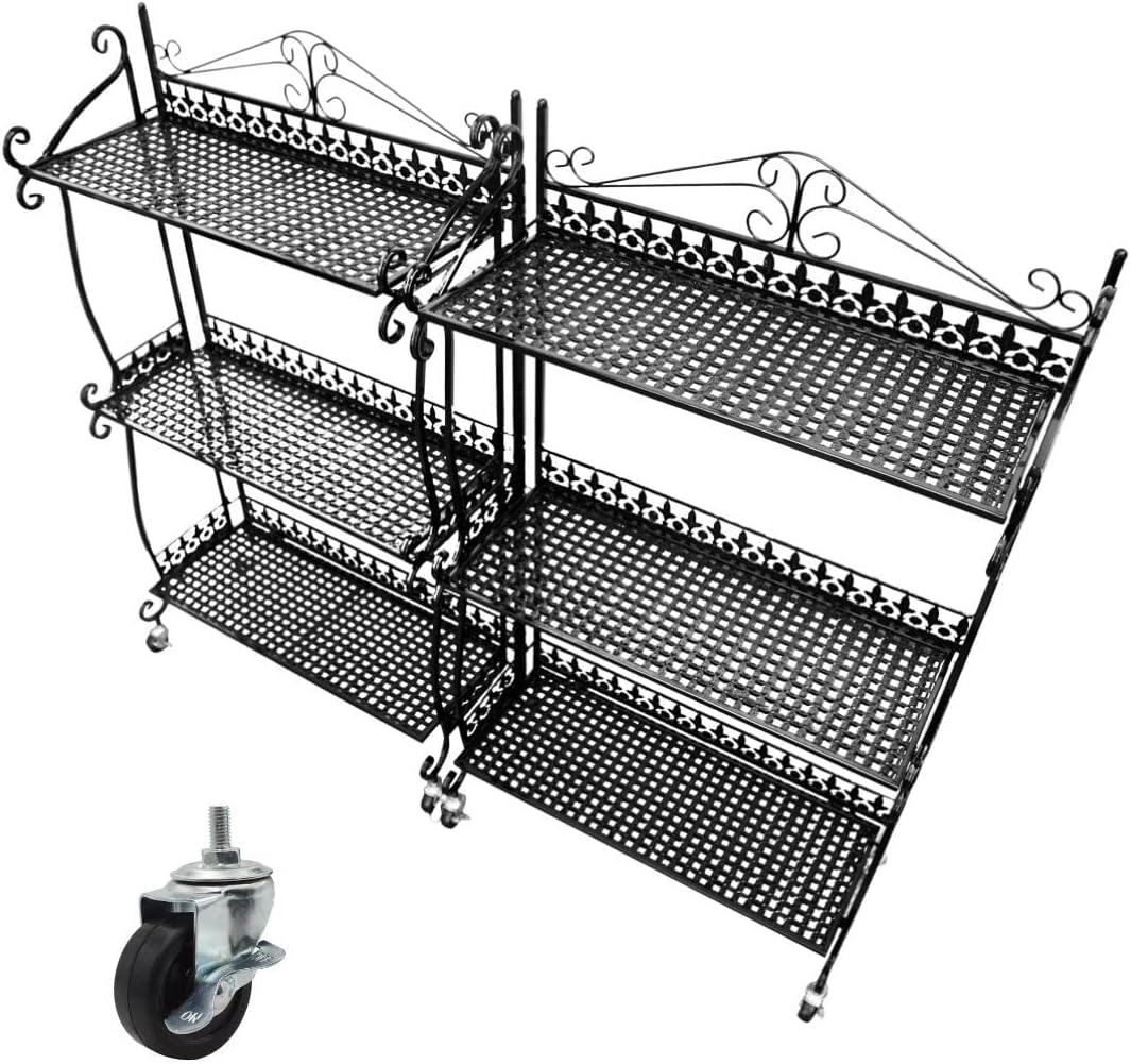 Metal Foldable Plant Stand with Caster Wheels, 3 Tier Black