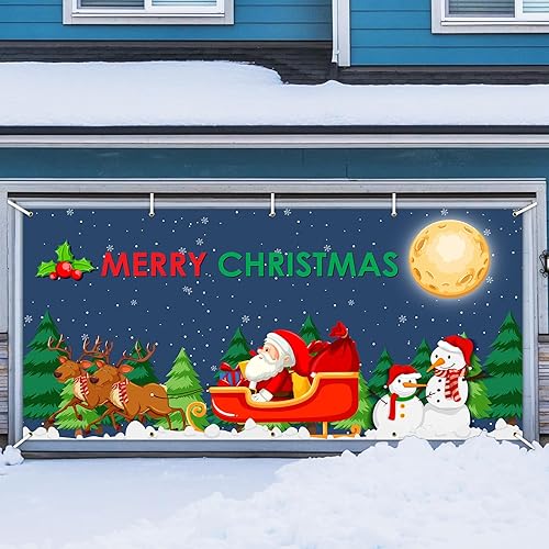 Miniatura 4 de Decoración de telón de fondo para puerta de garaje de Navidad de 6 x 13 pies, diseño de luna de Papá Noel, muñeco de nieve, muñeco de nieve, reno,