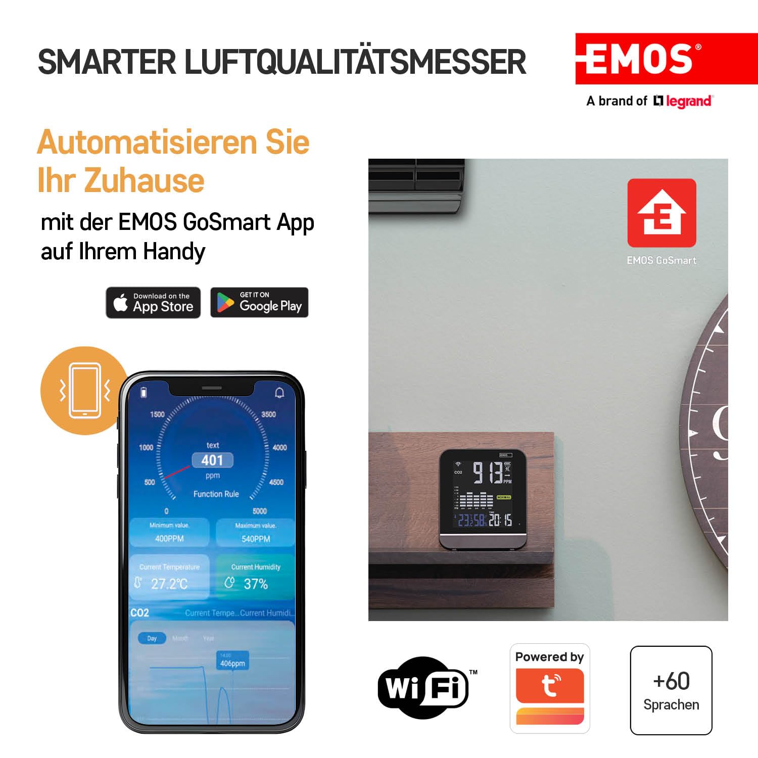 EMOS GoSmart - Smart Home Luftqualitätsmonitor mit App - WiFi - Farbdisplay - CO2 Messgerät - Temperatur und Feuchtigkeitssensor - USB-C Stromversorgung - TUYA, SmartLife kompatibel - schwarz