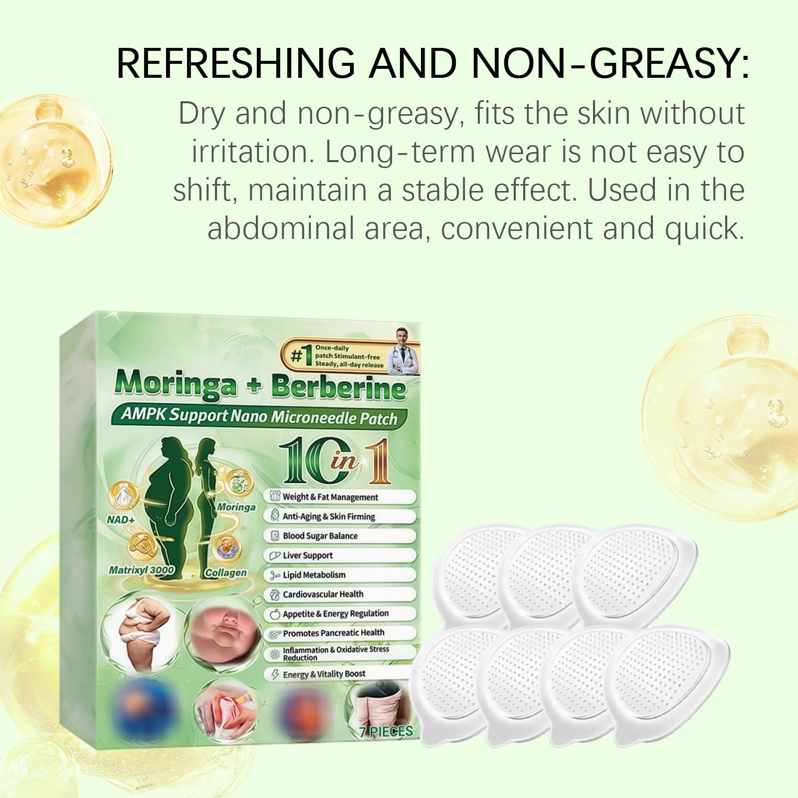 Moringa Berberine Patch Minceur Patch Nano Microneedle Minceur 10 en 1, Patch Minceur Brûle Graisse, Raffermissement et Métabolisme, Portable, Ventre Plat, Facile à Appliquer, Invisible Confortable
