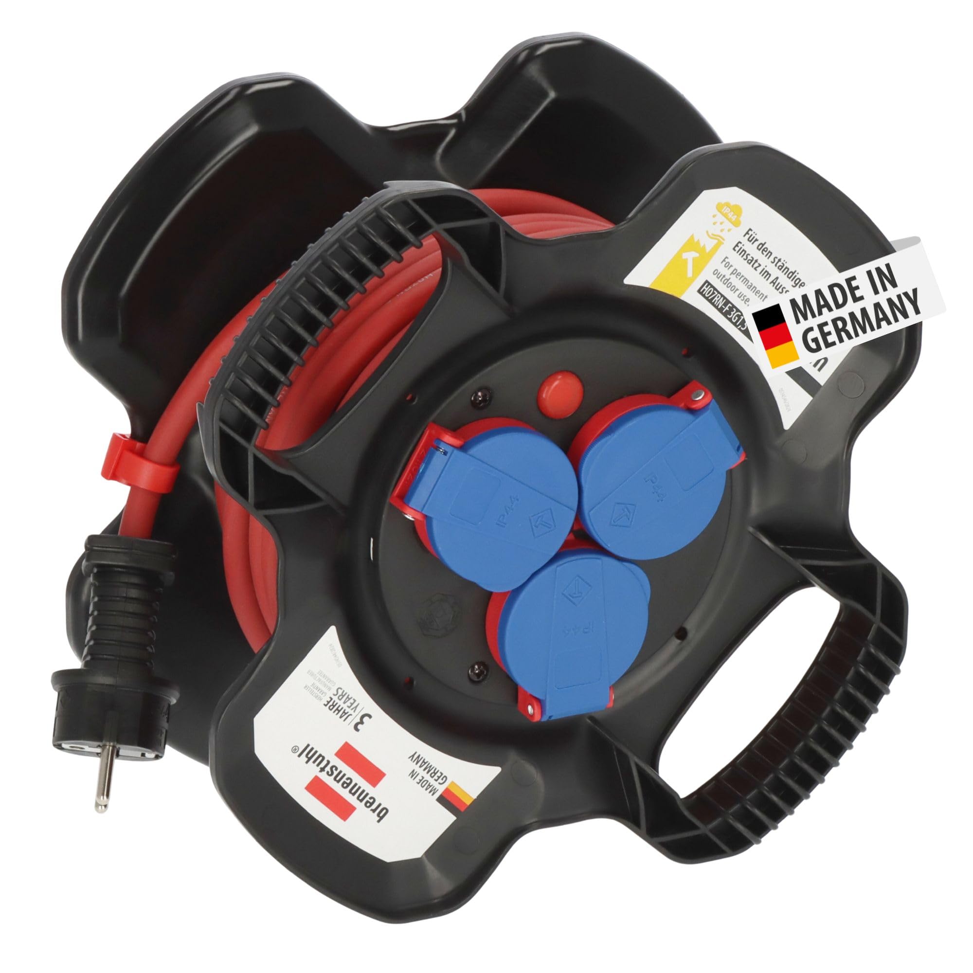 Brennenstuhl Gummi-Kabelhaspel X-Gum IP44 / Kabeltrommel für die Baustelle aus Gummi (10m, ständiger Einsatz im Außenbereich, Spezial-Gummimischung, Made in Germany)