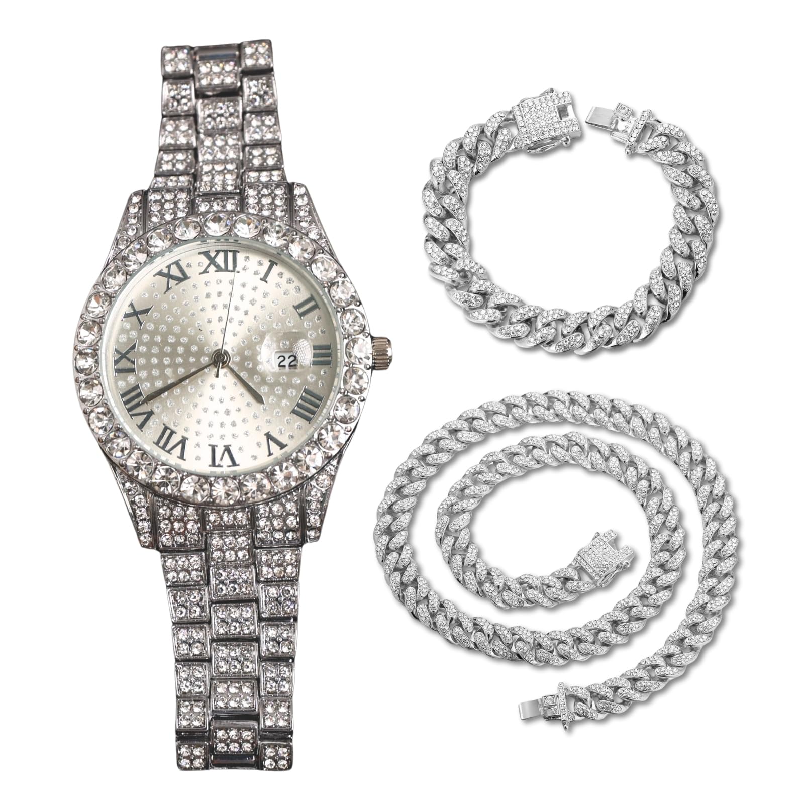 Reloj con Diamantes para Hombre – Esfera Redondo 43mm con Números Romanos – Chapado en Oro 18K/Platino Correa 22,5cm – Cuarzo Japonés – Joya de Lujo – Compatible con Cadena Cubana Opcional