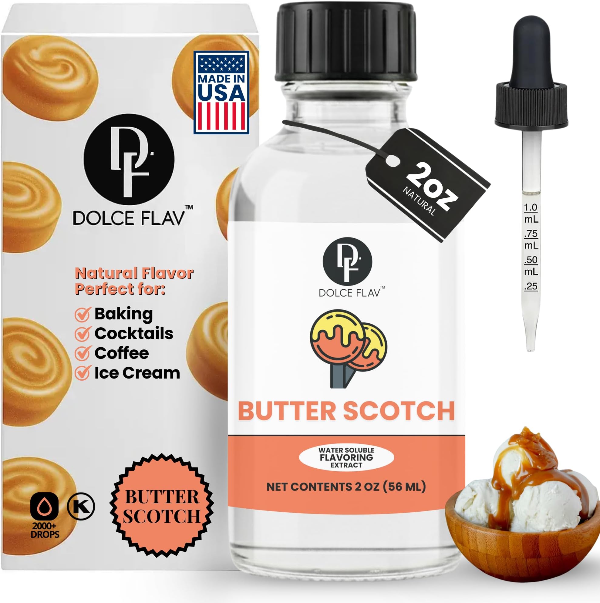Dolce Flav Natural Butterscotch Extract 2 oz – Kosher, Sugar-Free, Concentrated Rich Butterscotch Flavoring for Baking, Beverages & Desserts, Includes Measured Dropper