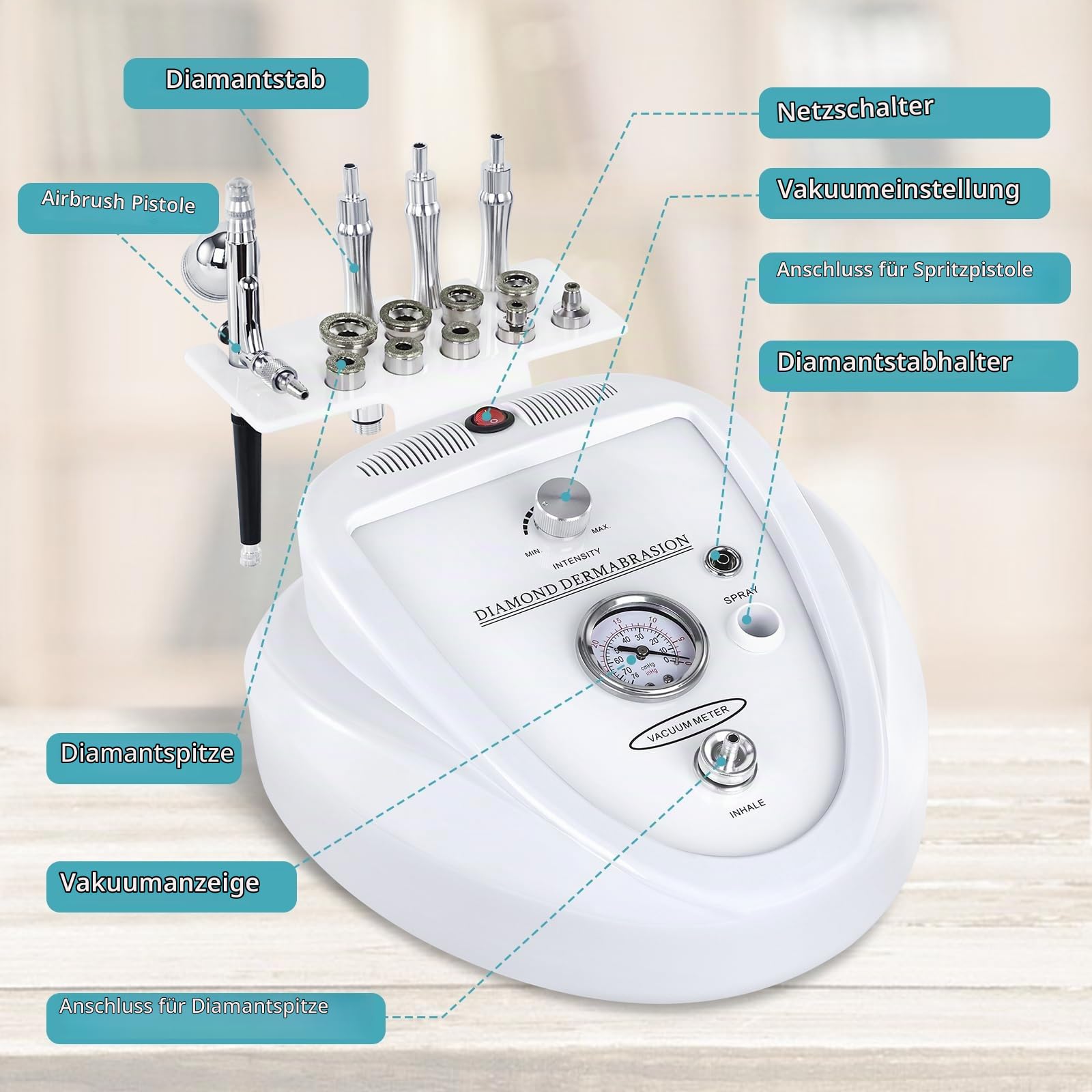 2 in 1 Diamant Maschine, 65-68cmHg Saugkraft professionelle Glow Gesichtsmaschine mit Spray-Kit, Gesichtshautpflege für den Heimgebrauch