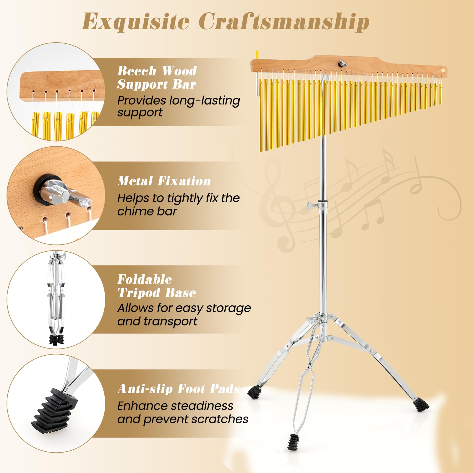 KOMFOTTEU Campane Tubolari a 36 Barre, Strumento a Percussione Musicale a Singola Fila, Supporto Pieghevole e Regolabile, Portatile con Borasa da Trasporto e Bacchetta, Bar Chimes per Principianti