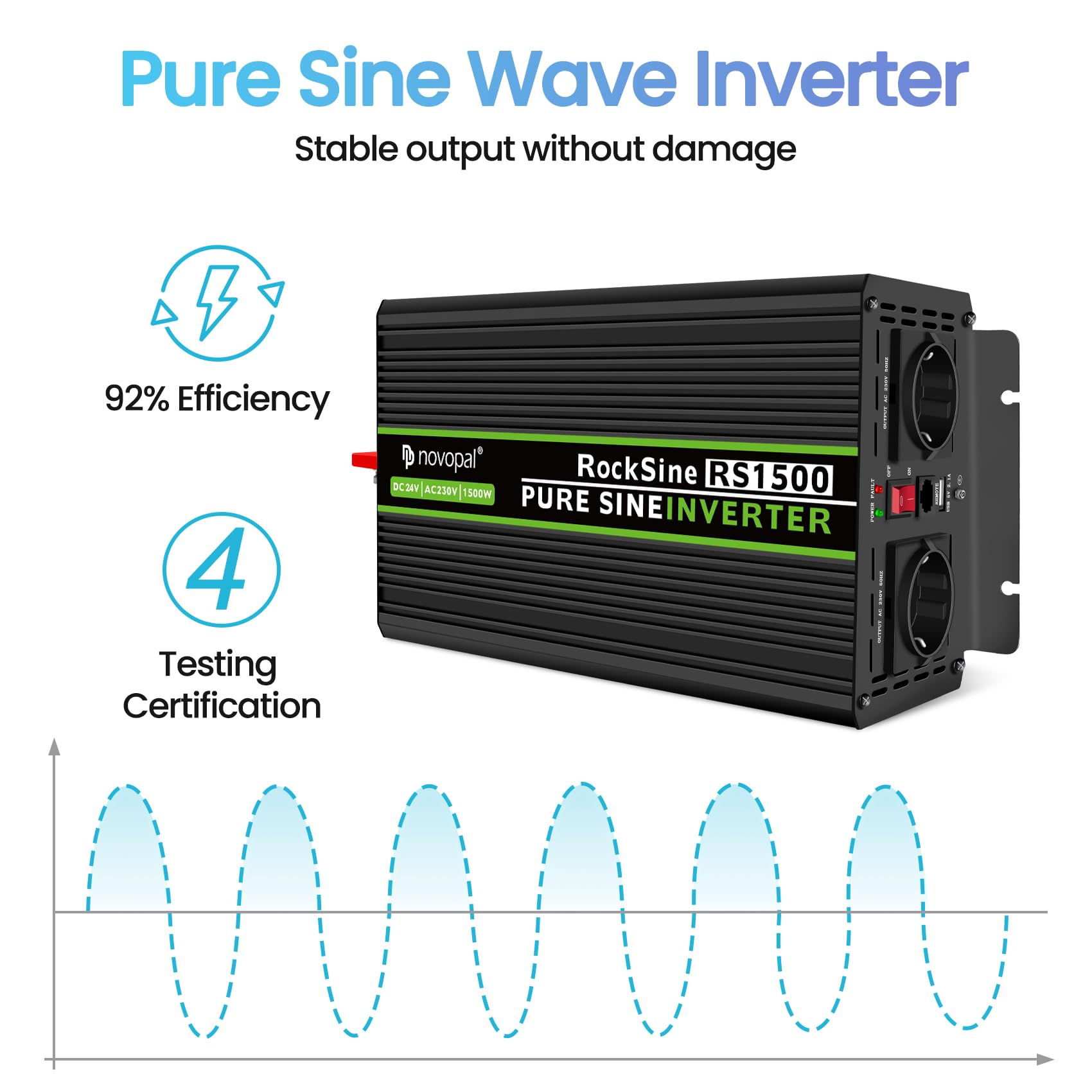 Novopal 1500W 3000W Inverter Onda Sinusoidale di Potenza,DC 12V in AC 220V Inverter di Tensione,2 EU Presa con Uscita USB,5 Metri di Telecomando,Adatto per Famiglia, Campeggio, Viaggi