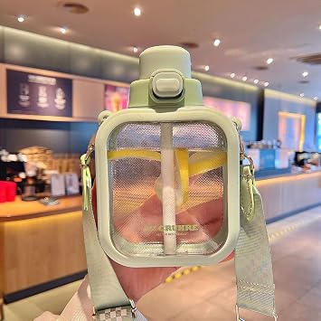 Kawaii Water Bottle 24 Oz Square Transparent Water Bottle Cute Portable Water Bottle with Strap and Sticker Green,700ml