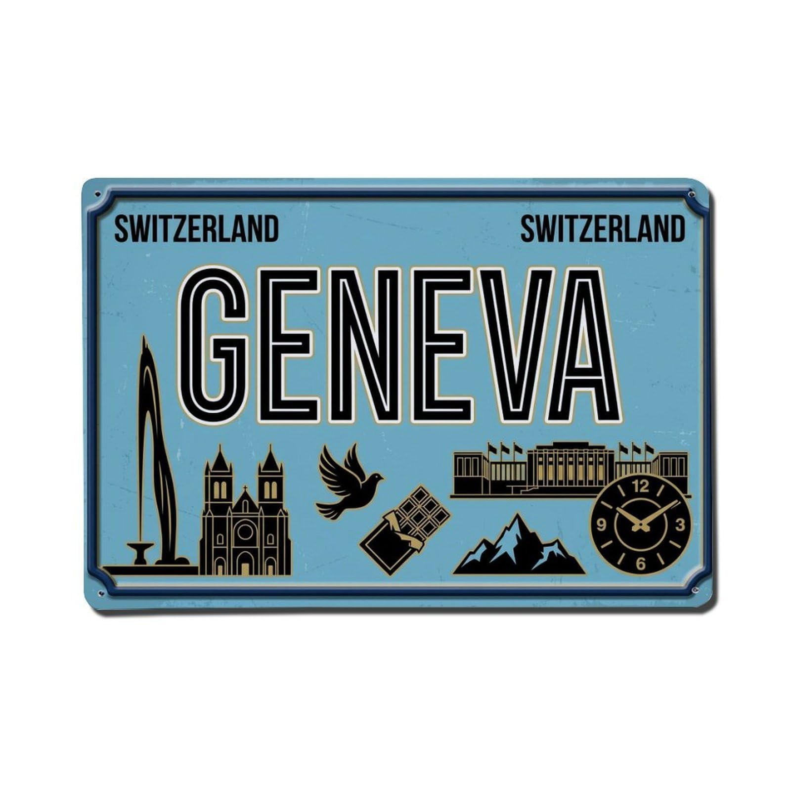 Vintage Travel Geneva Switzerland Fountain Watch Metal Tin Sign