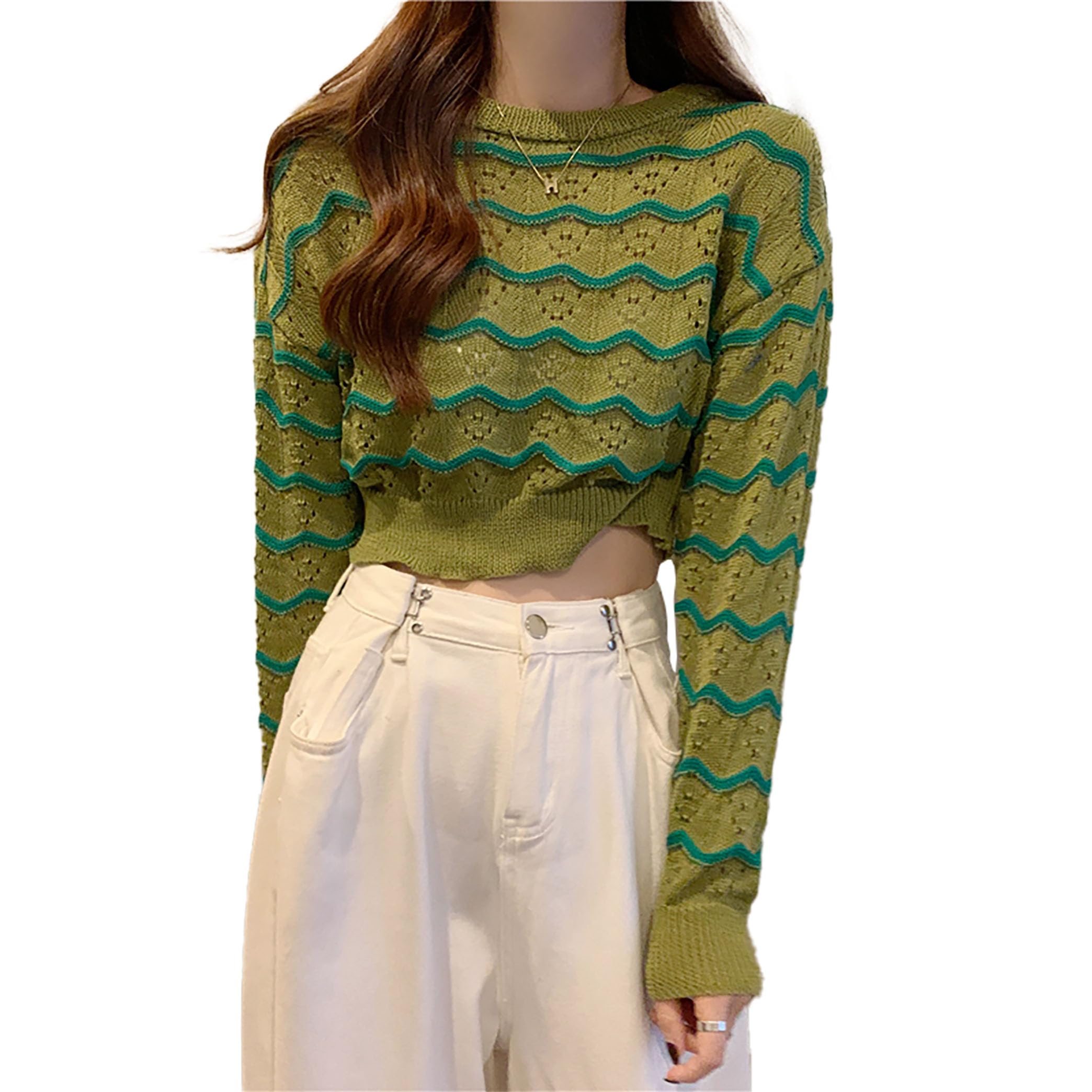 icw Women's Knitted Loose Style Round Neck Long Sleeve Hollow Out Wave Striped Top T-Shirt Dn61-picture-24