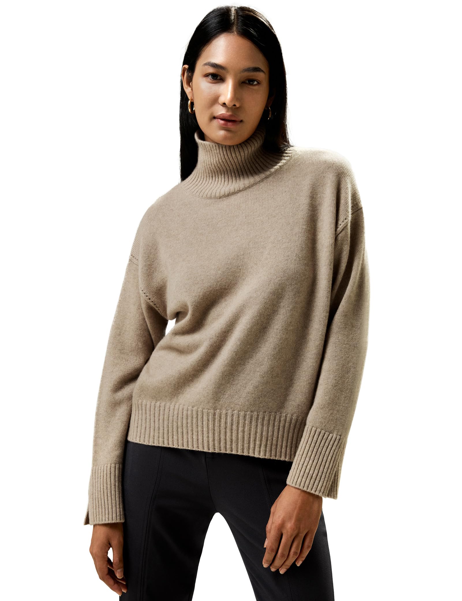 LilySilk 100 Cashmere Sweater for Women Oversized Basic Turtleneck Pullover Slit Shorter Front Longer Back Relaxed