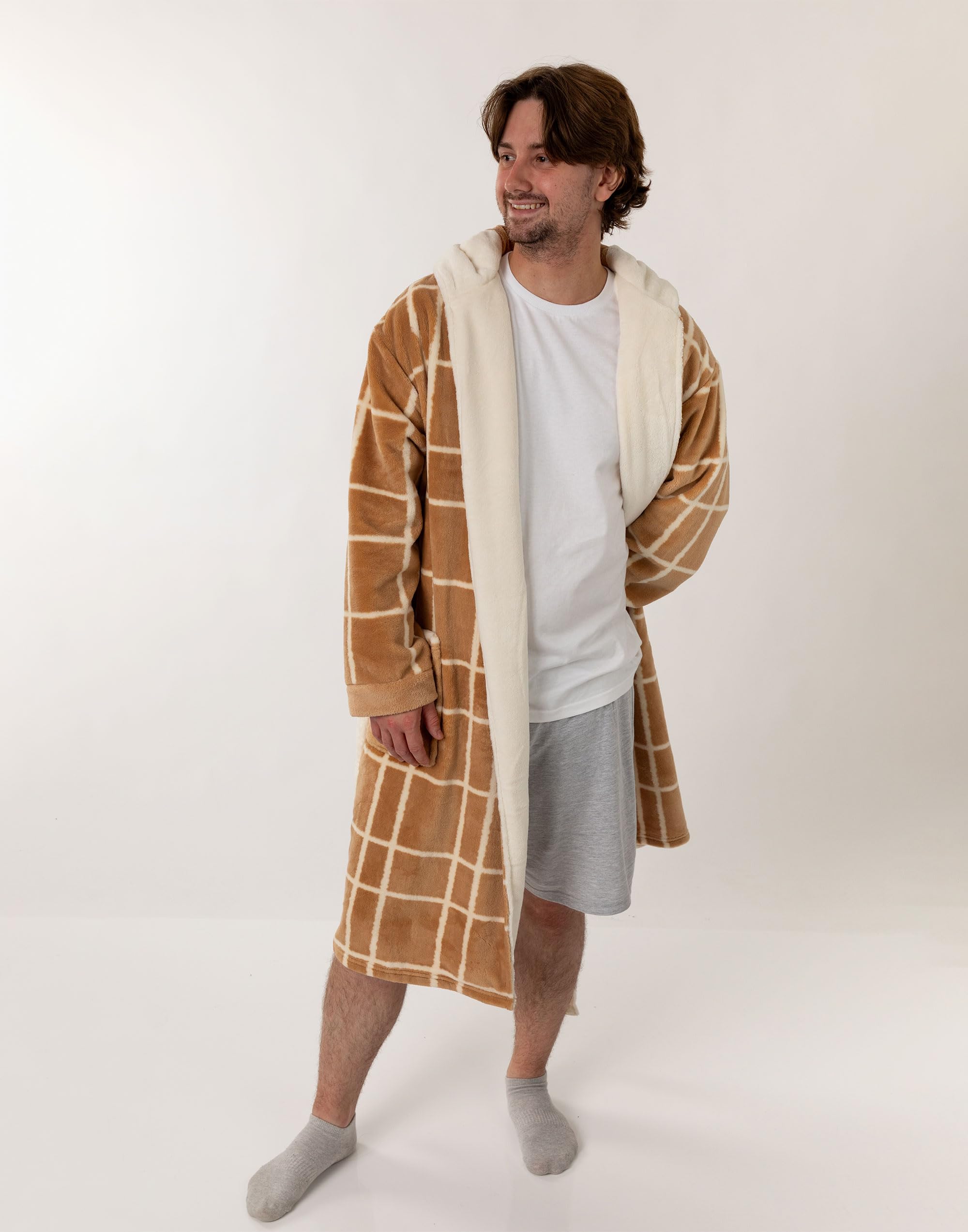 Only Fools And Horses Albornoz con capucha marrón y crema para hombre| Prenda de estar por casa de forro polar suave y cómoda para el baño y el descanso | Diseño clásico a cuadros