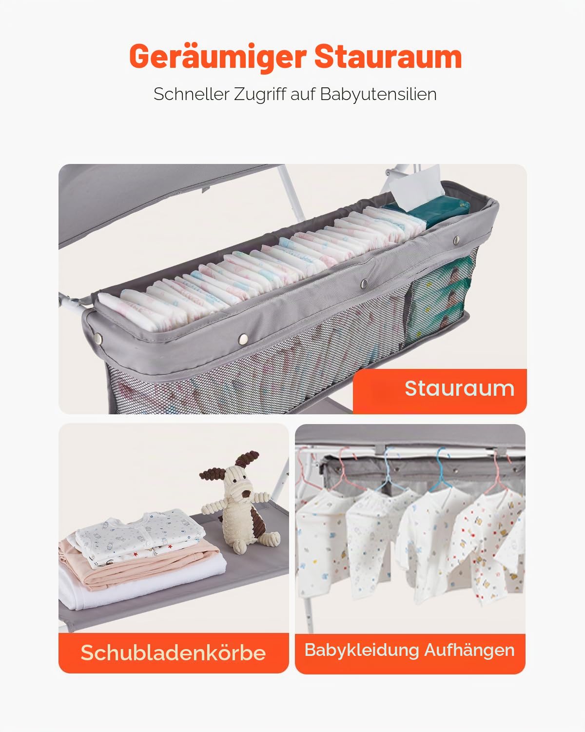 VEVOR Wickeltisch faltbare Wickelstation mit 2 Stoffschubladen & Seitenkorb & Kleiderstange, höhenverstellbarer tragbarer Wickelkombi mit feststellbaren Rädern, multifunktional Kinderzimmer hellgrau