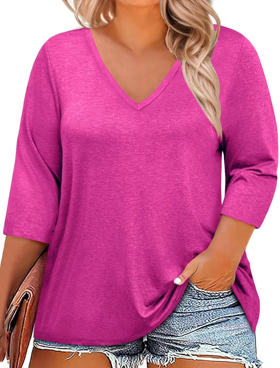 ZDC Womens Plus Size Tops 3/4 Sleeve V Neck T Shirts Casual Loose Fit Tee Tunic Blouse