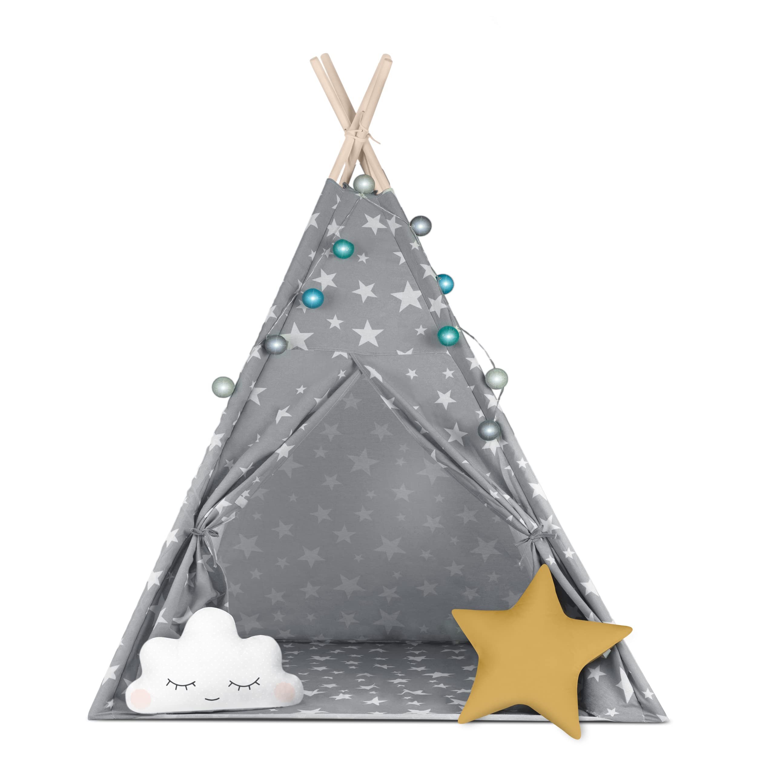 Kinder Indianer Tipi Zelt Nukido - Montessori Stil, Naturmaterialien, 2 Kissen, Bodenmatte, Lichterketten & Abdeckung inklusive - Ideal für Kinderzimmer und Gartenabenteuer