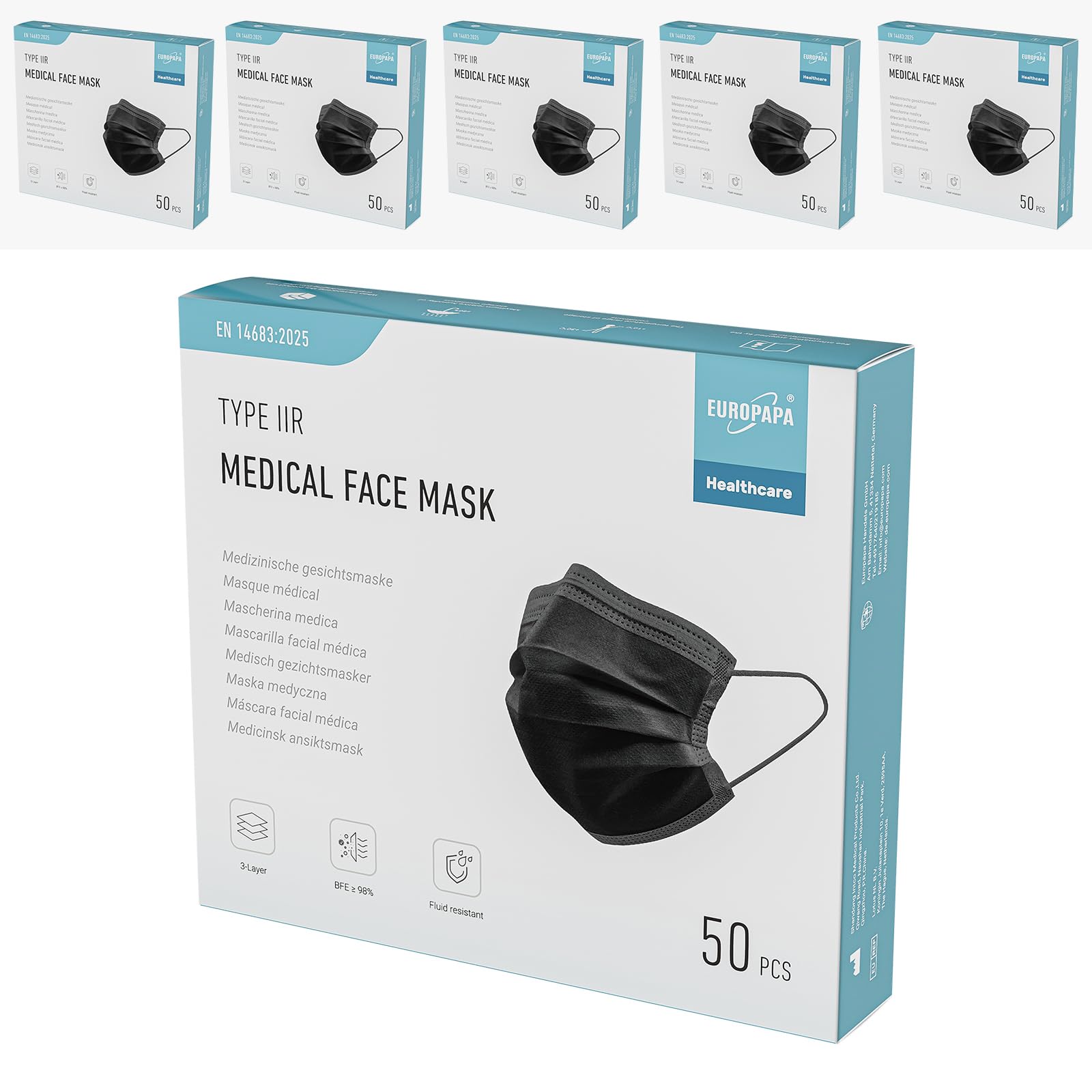 EUROPAPA® Schwarz Medizinisch Type IIR Norm EN14683 TÜV CE zertifizierte Mundschutzmasken OP Masken 3-lagig Mundschutz Gesichtsmaske Einwegmaske BFE ≥ 98%, 5 Boxen (250 Stück)