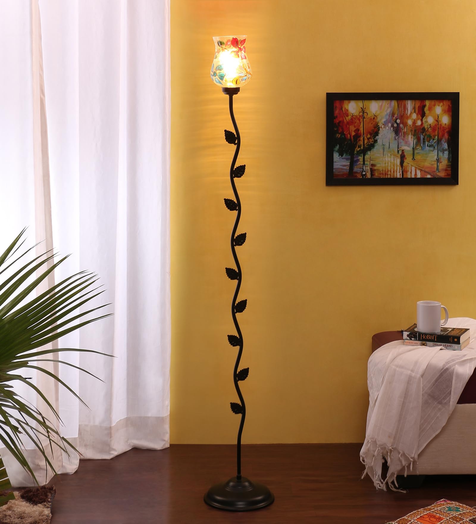 Devansh Mosaic Glass Floor Lamp with Decorative Leaf Stand Multicolor (D5) | E27 Bulb Holder & 2-Pin Plug (No Bulb) | Lamp Light for Living Room/Bedroom, Home & Office | Ambient Modern Lighting-image-3