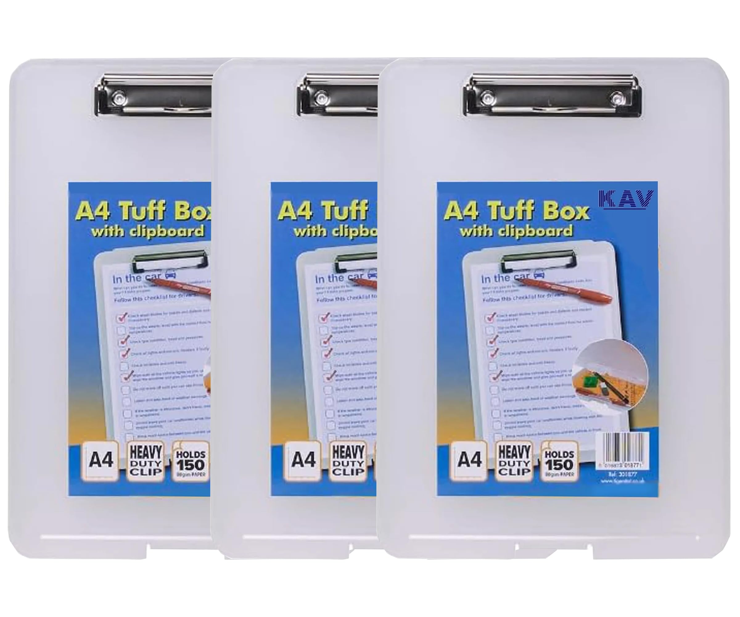 KAV A4 Clear Strong Plastic Clipboard with Storage Box – Weatherproof Tuff Box File – Durable Organizer for Stationery, Tools & Equipment – Translucent Polypropylene Box with Metal Clip – Pack of 3 — image 1