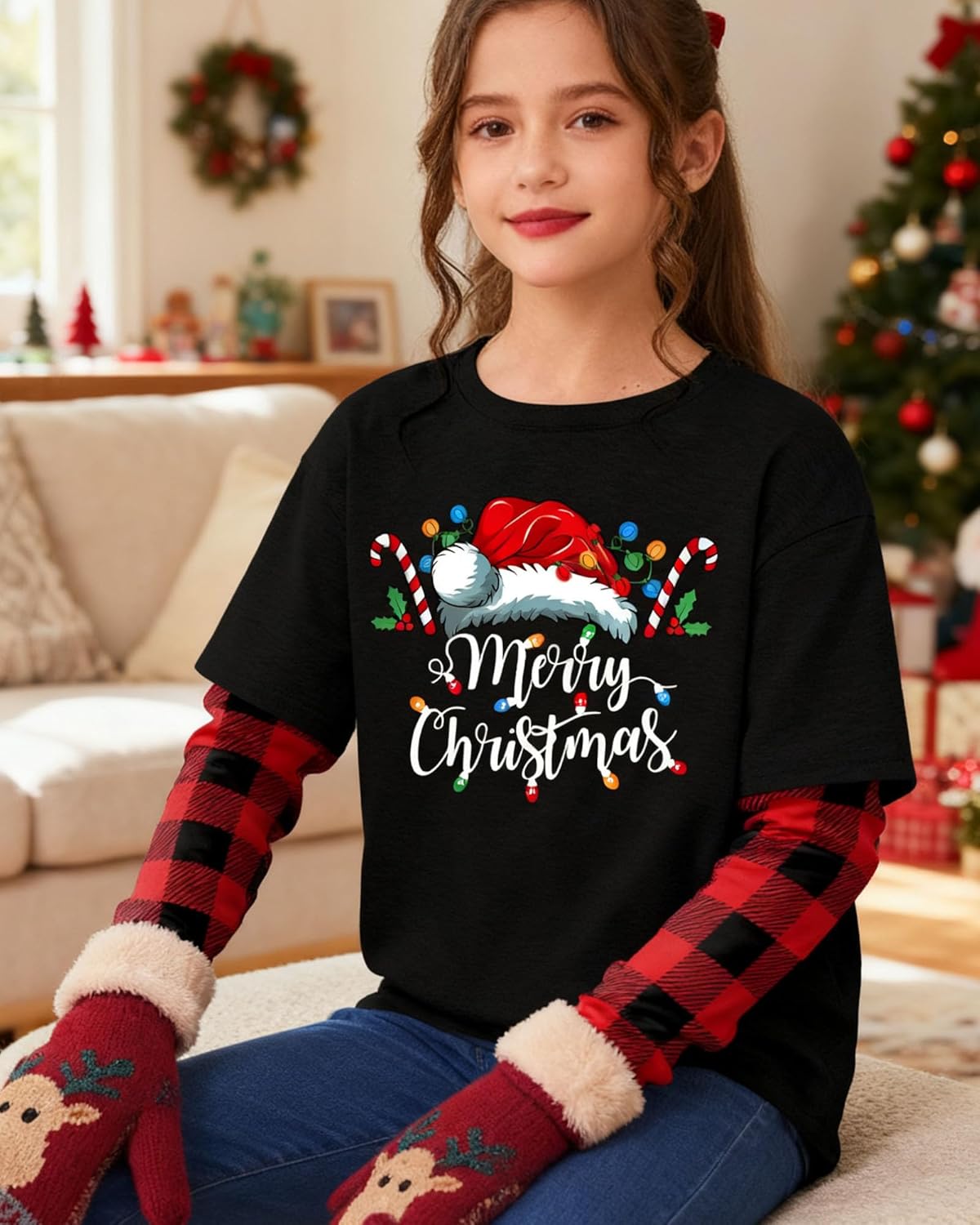 Christmas Shirts for Kids Girls Boys Christmas Tree Graphic Tee Xmas Long Sleeve Stripe Plaid Tops - Image 2