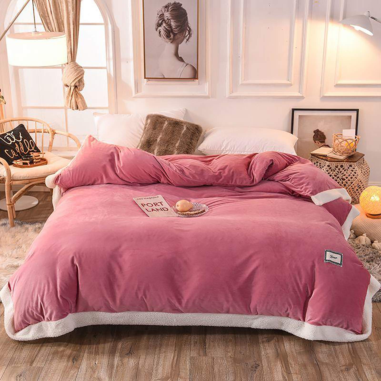 Shaggy Felpa Funda Nordica,Terciopelo Franela Juego De Cubierta De Edredón,Color Sólido Reversible Fundas Nordicas,Caliente Suave Cubierta Del Consolador Juego De Ropa De Cama-Rosa 180x220cm(71x87inch