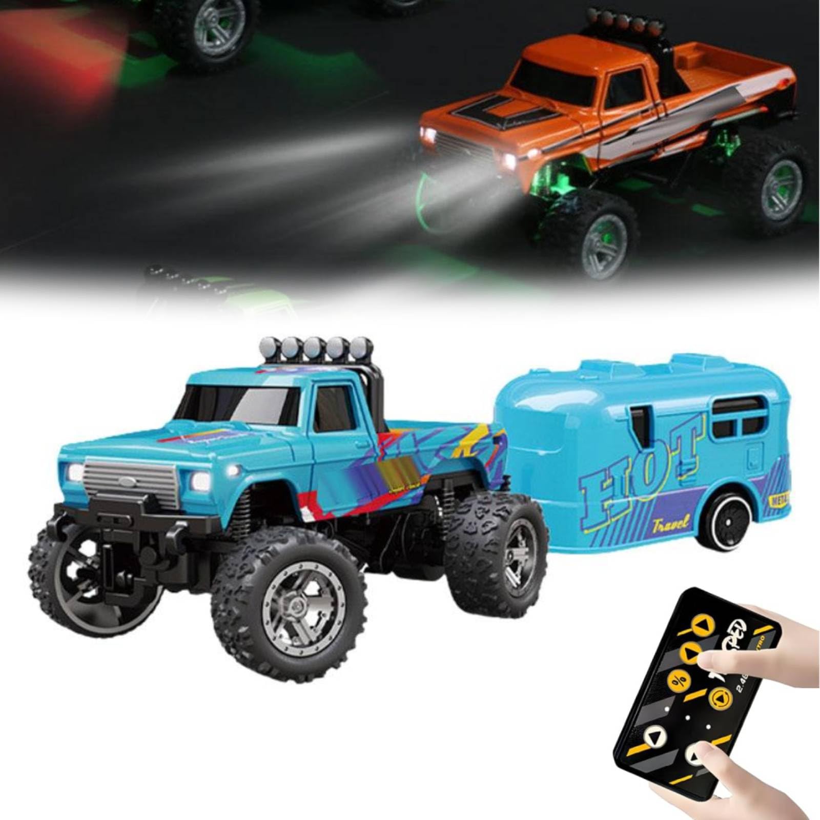 Mini RC Monster Truck, Mini RC Monster Truck USB Rechargeable Underflow with Trailer, 1:64 Scale Monster Truck Remote Control Car with Lights, 2.4Ghz Remote Control (Blue)
