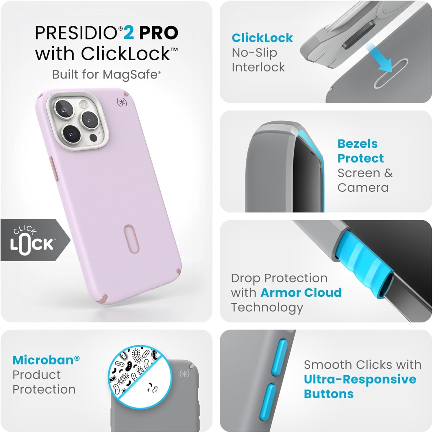 Speck iPhone 15 Pro Max Case - ClickLock No-Slip Interlock, Built for MagSafe, Drop Protection - Soft Touch 6.7 Inch Phone Case - Presidio2 Pro Soft Lilac/Carnation Petal/Rouge Pink