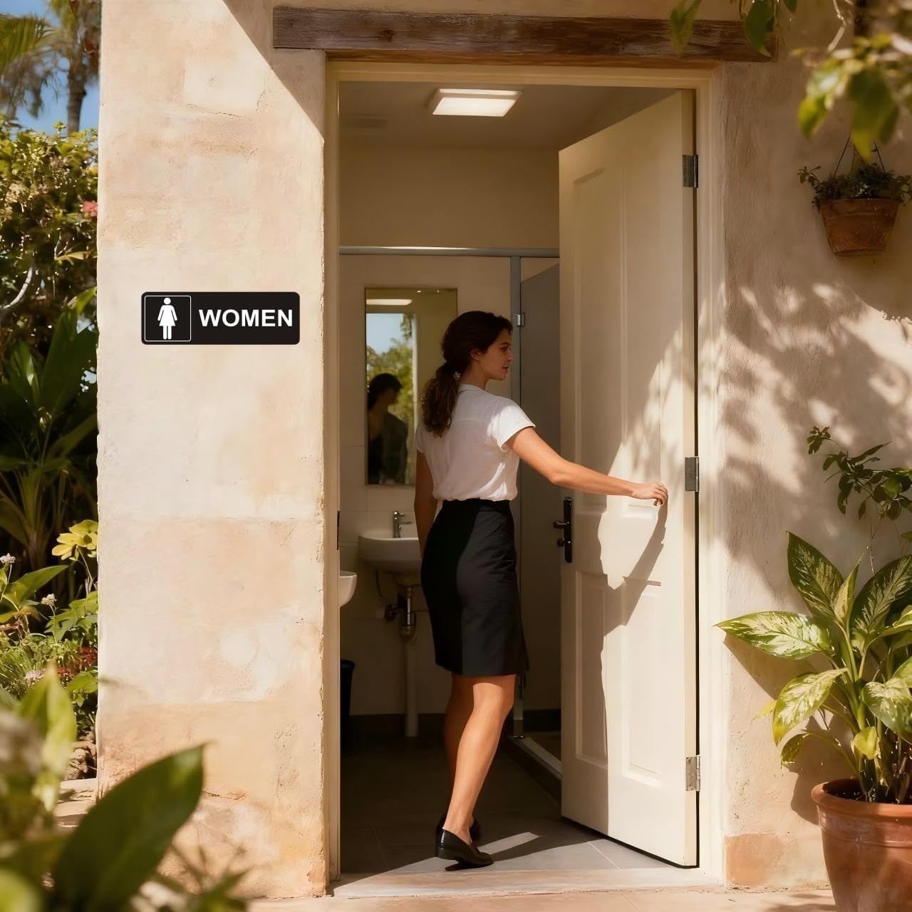 Restroom Sign - (2 Pack ) Metal Restroom Signs for Business with Strong Self-Adhesive, Bathroom Signs for Home Door or Wall, Ideal Unisex Restroom Signs for Women and Men, Easy to Install (Black Women and Men 9" x 3") - Image 8