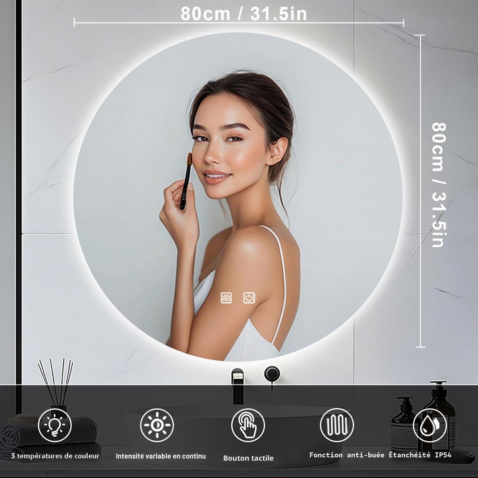 Miroir LED lavabo 80 cm rond Lumière rétroéclairée rasage douche Fixation murale sans buée Intensité variable 3 couleurs IP54