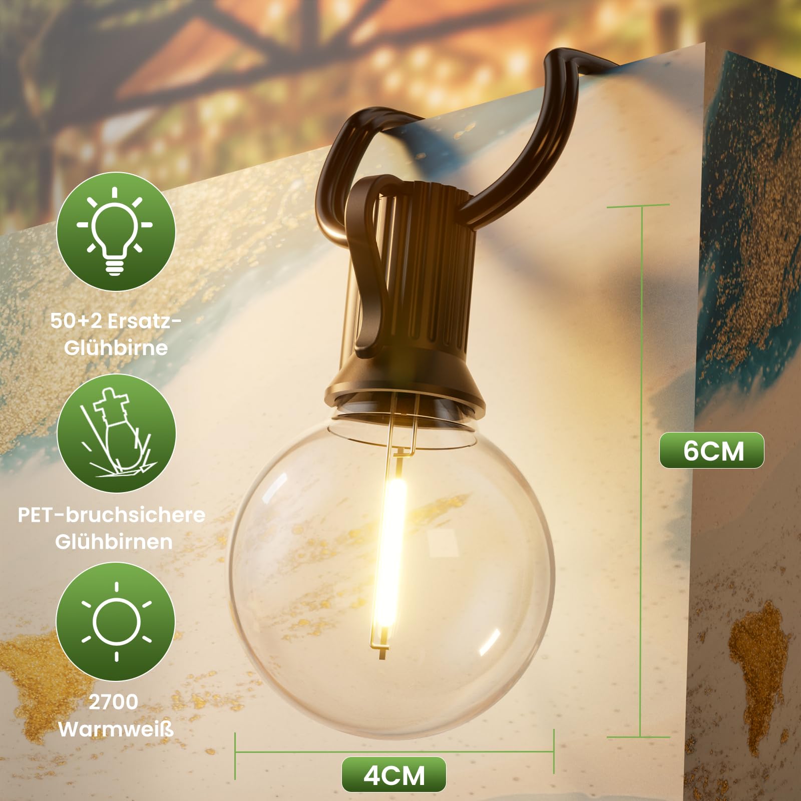 Yuusei Solar Lichterkette Outdoor, 30M Lichterkette Außen, IP65 Wasserdicht & 2700K Warmweiß, 50+2 G40 Dimmbar Aussen LED Glühbirnen Lights für Garten, Pavillon, Balkon, Camping, Party, Hochzei