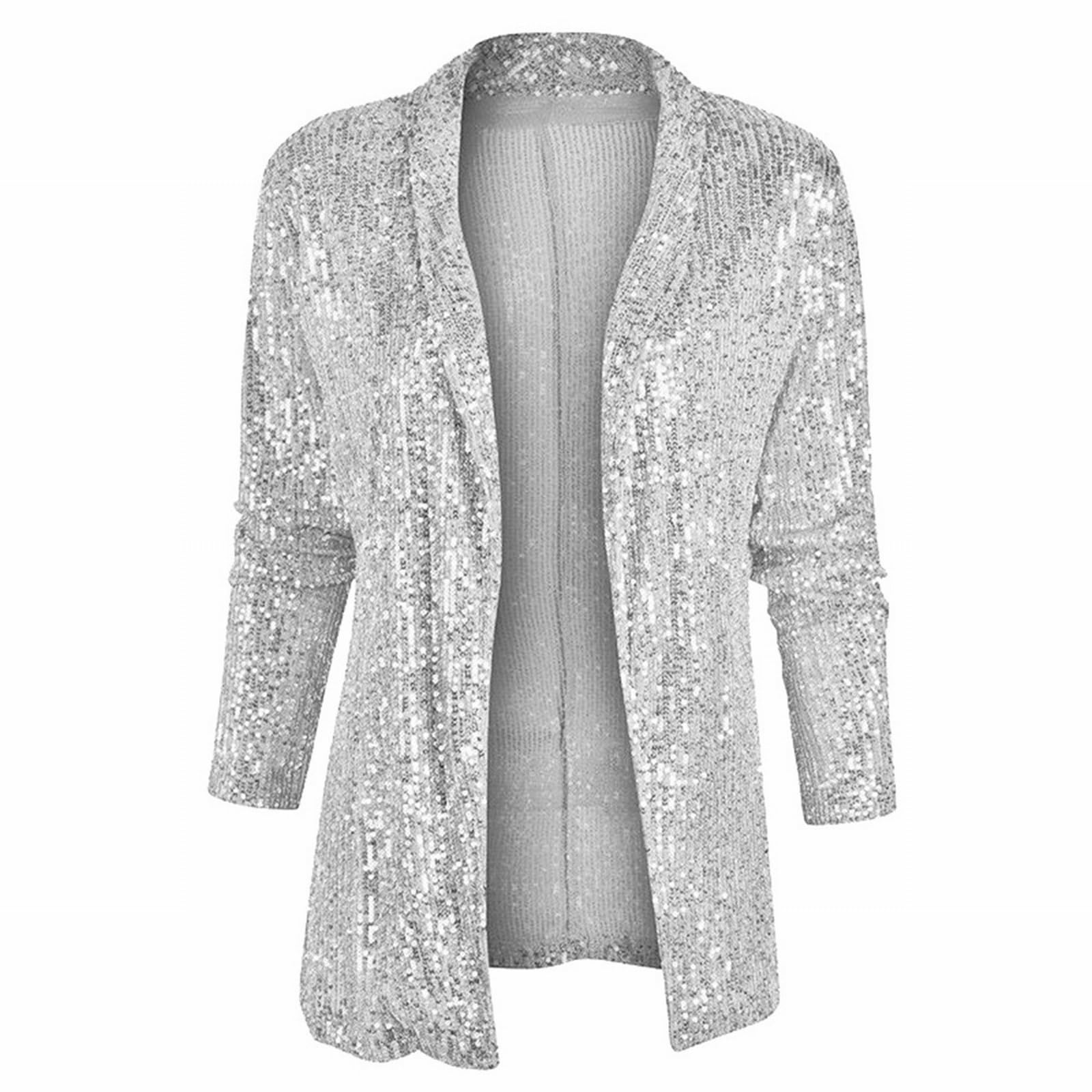 Womens Sequin Blazers Open Front Sparkly Glitter Cardigan Dressy Long Sleeve Lapel Blazer For Evening Party Prom Club