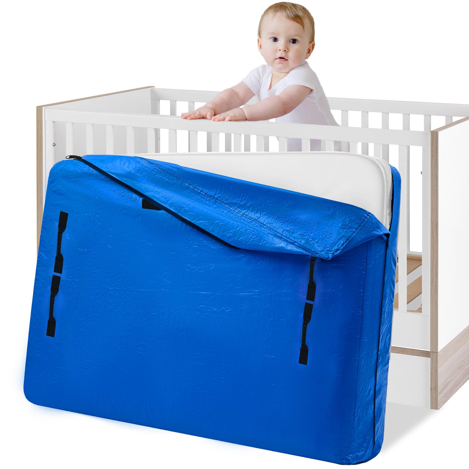 Mattress Bags for Moving, BETU Mattress Protector Waterproof Mattress Cover Crib Size Storage Bags with 8 Heavy-Duty Handles and Zipper for Bed Extra Thick Large Reusable (52"x28"x6.5" Blue) Cribe 1 Pack (52"x 28"x 6.5") Blue
