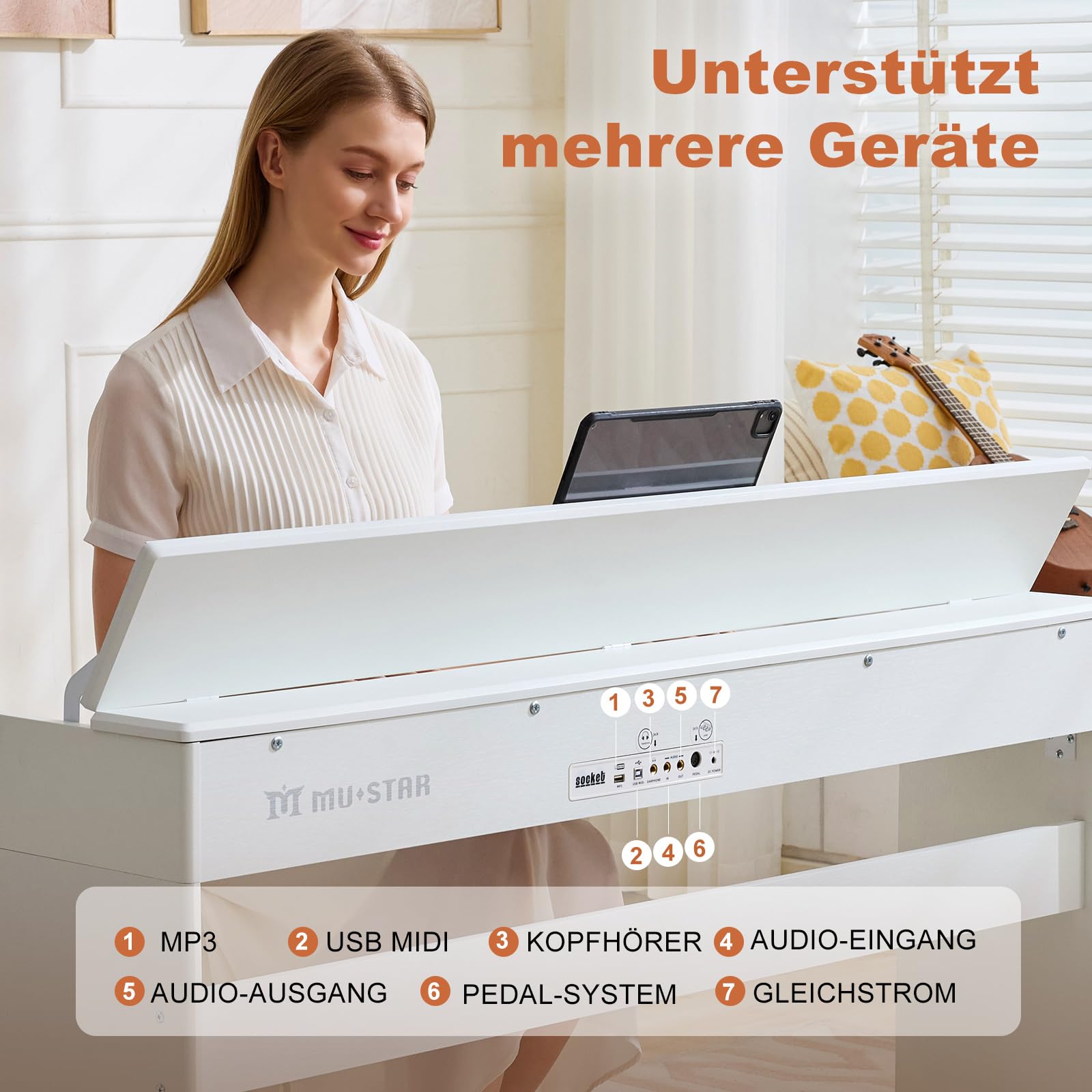 Piano digital MUSTAR de 88 teclas, teclado con tacto semi-ponderado con USB/MIDI y Bluetooth, cubierta semi-abierta, piano electrónico con unidad de 3 pedales, altavoces estéreo, 800 tonos y 64