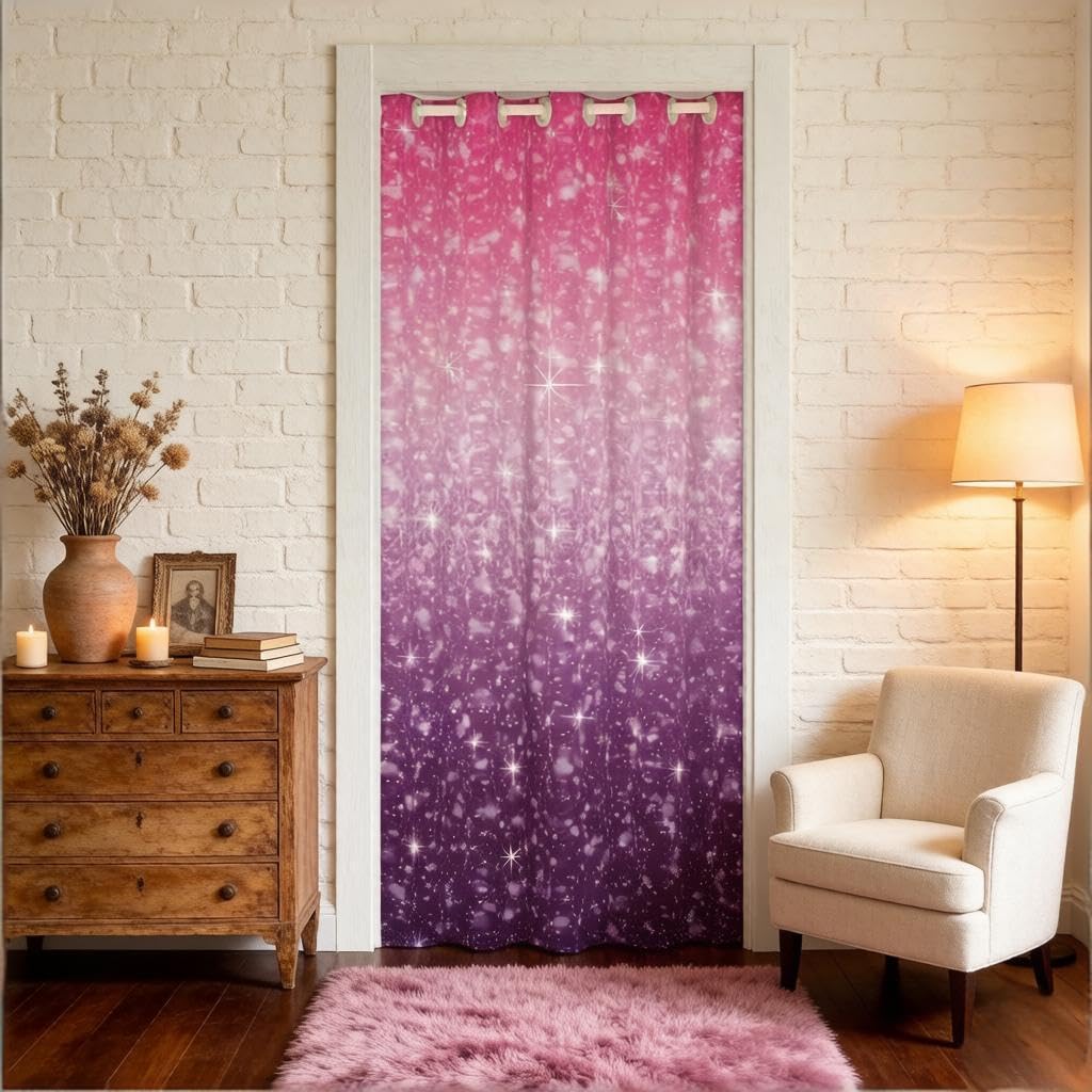 Loussiesd Glitter Privacy Heat Blocking Blackout Door Curtain Ombre Pink Purple Door Curtain for Doorway Privacy Pastel Room Darkening Curtain Drape for Doors Windows106x203cm 1 Panel — image 1
