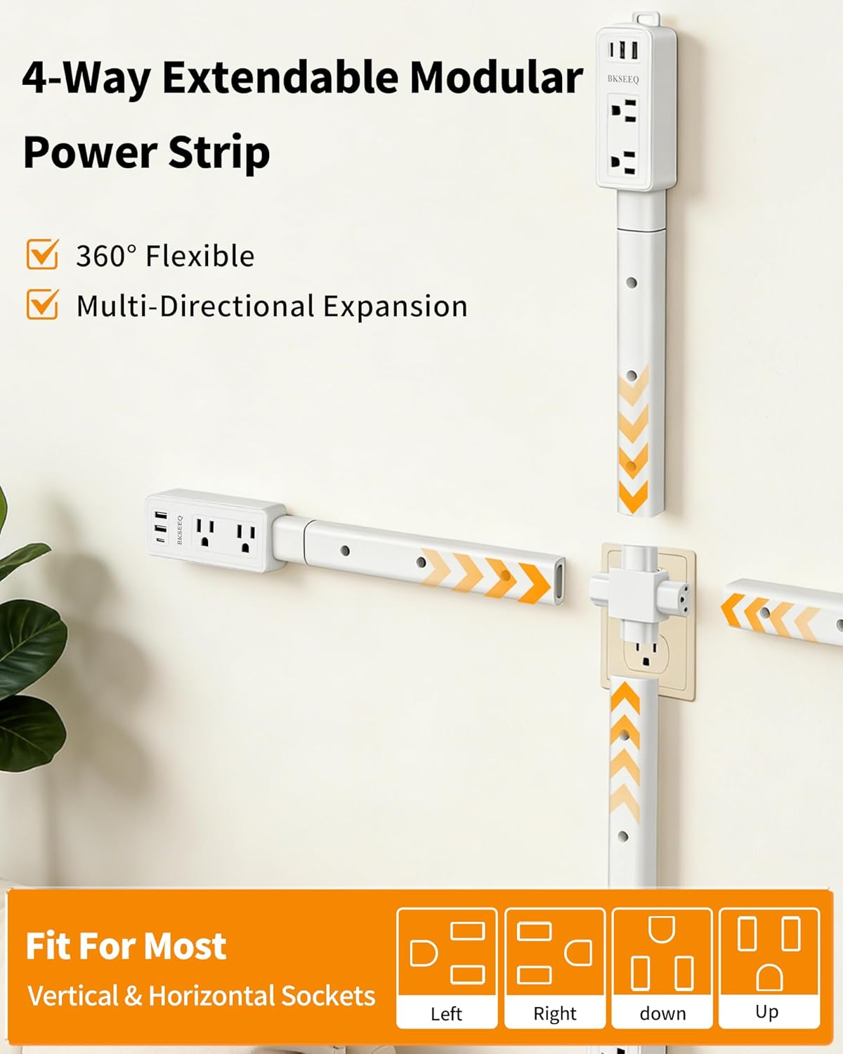 Extendable Outlet, Electrical Outlet Extender Stick with 1 USB-C & 2 USB-A, 2 AC Outlets, Power Socket Expander Features 4-Way Plug, Hard-to-Reach Outlets, Extends 6.3–33.5" for Behind Couch, Bed