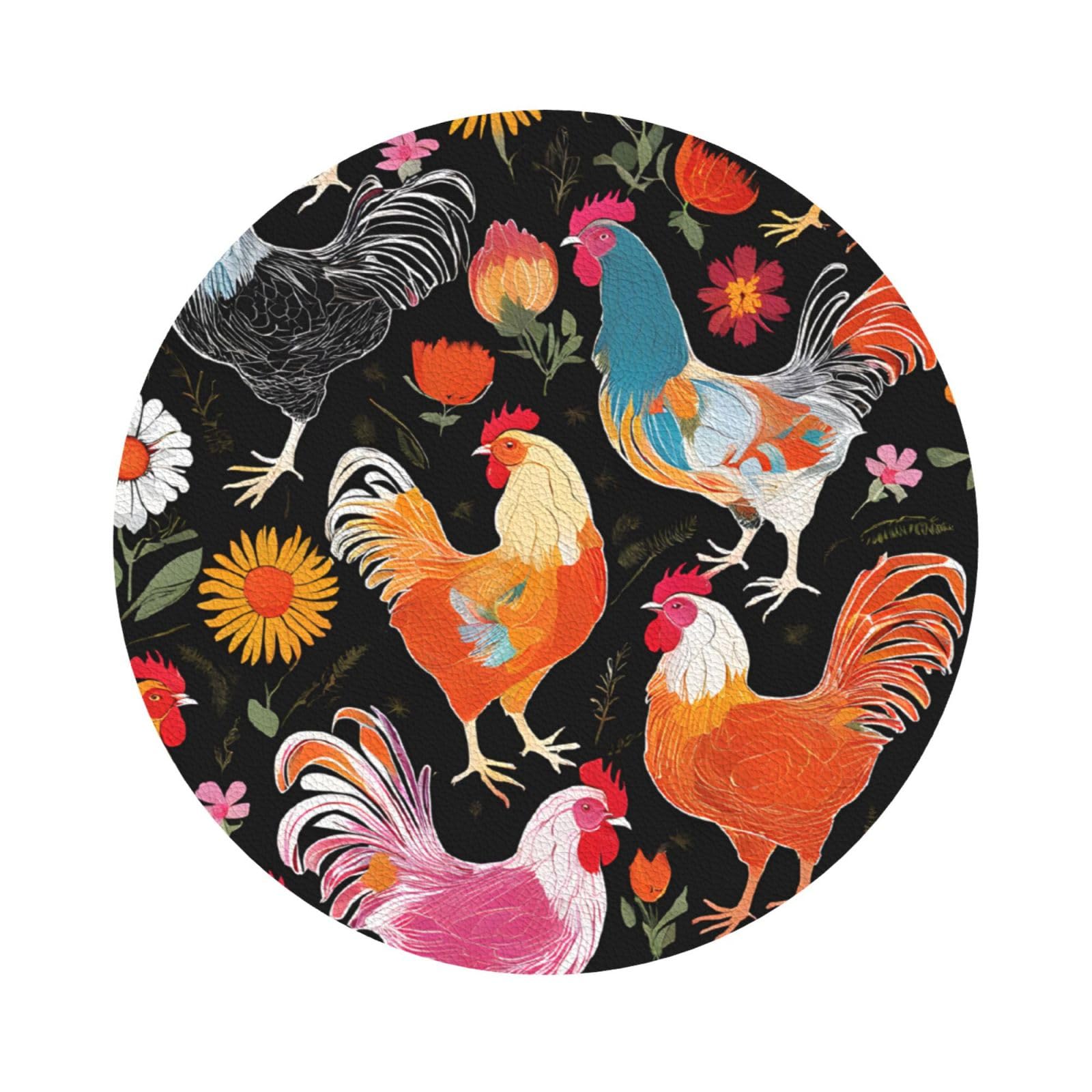 Aspoijhn Round Shape (Cute Rooster Chickens) Leather Coaster Set Of 6 Premium Drink Coasters For Home Office Restaurant Bar