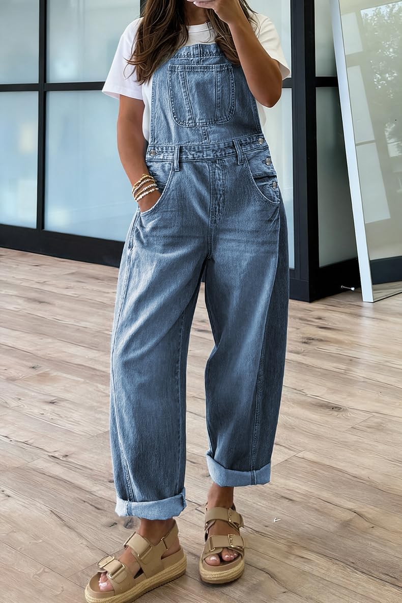 chouyatou Women's Baggy Adjustable Strap Denim Bib Overalls Barrel Jeans Casual Loose Wide Leg Denim Pant Jumpsuits