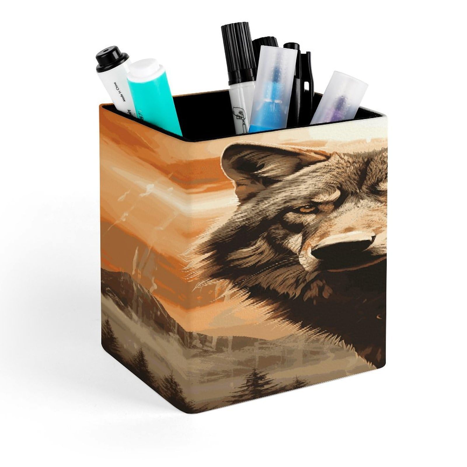 FekiLoot - Wolf in the Sun Pen Holder Personalized Office Accessories Square Pen Container Box Desk Organizer Brush Holder