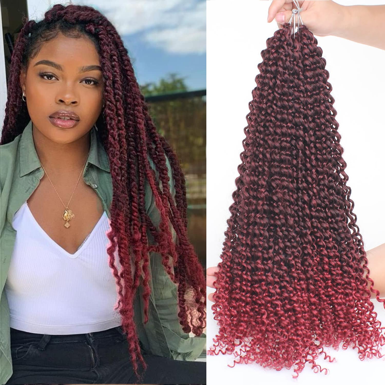 Mscat Passion Twist 18 Inch 7 Packs Ombre Burgundy Water Wave Hair for Butterfly Locs - Synthetic Crochet Braiding Extension TBUG#