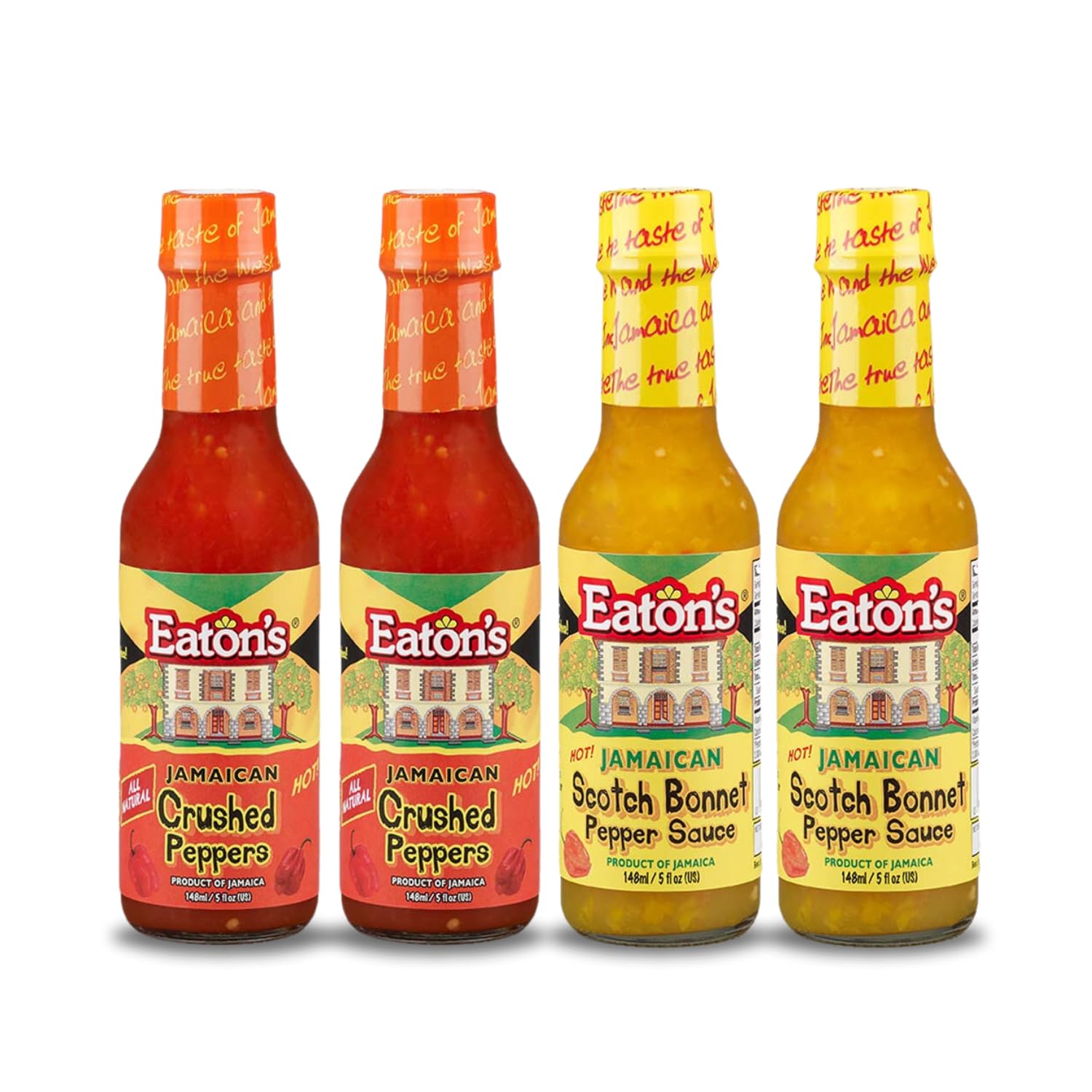Eaton's Crushed Red Pepper-Yellow Jamaican Scotch Bonnet Sauce Gift Set – Hot Pepper & Chili Sauce Variety Pack (4-Pack) for Spicy Dishes