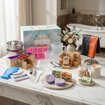 HSHIN Cold Process Soap Making Tool Kit - Complete Equipment Set with Digital Scale, Thermometer, Whisk, Silicone Molds, Soap Cutter & Safety Gear (Tools Only, 20 Soap Boxes Included)